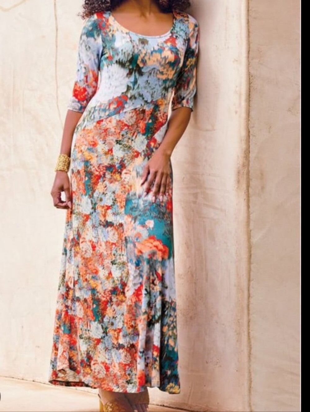 Soft Surroundings Nanette Multicolor Floral Elbow-Sleeve Maxi Dress #3650